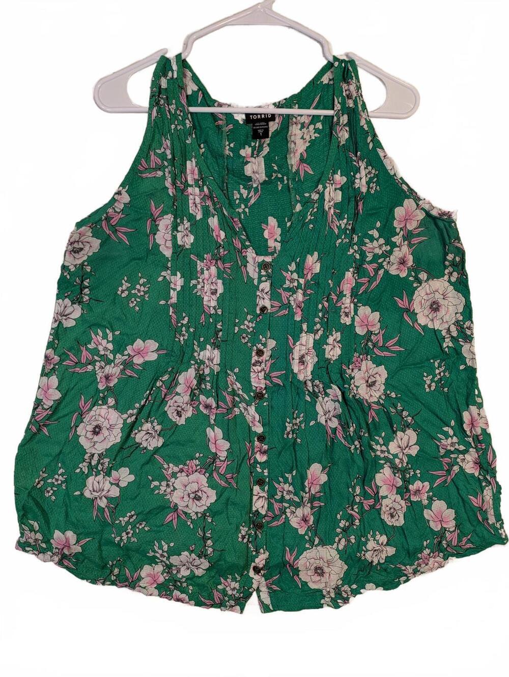 Torrid Floral Sleeveless Button Front Green Blouse Tank Top Womens Size 1 XL